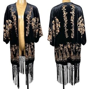 Reba Black Velvet Burnout Floral Embroidered Fringe Kimono Wrap Cardigan Boho